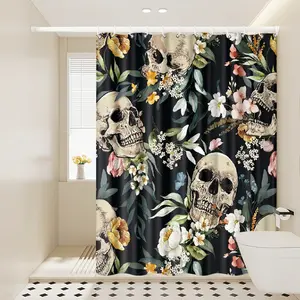1pc Floral Skull Shower Curtain, Gothic Bathroom Decor, Watercolor Skull - Flower Pattern Design, 70.9x70.9in Hanging Curtain with Hooks, Ideal Gift for Housewarming or Friends