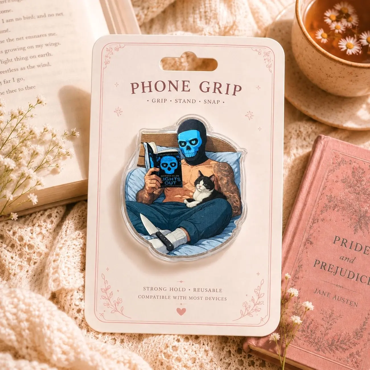 Magnetic Horror Reader Phone Grip Acrylic Phone Holder Spooky Book Lover Phone Stand