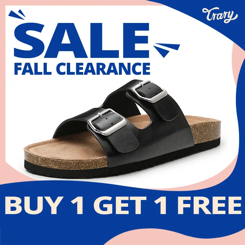 [BUY 1 GET 1 FREE!!!]Trary Women's Slides Sandals with Cork Footbed Open Toe Flat Sandals for Women Adjustable Double Buckles Comfortable Slip On Slippers for Summer Party Casual Shoes Clogs  Dealsforyoudays