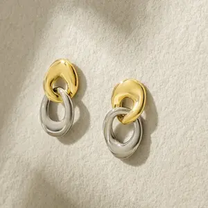 Two Tone Circle Earrings SCE457ST Hypoallergenic Stainless Steel Gold & Silver Interlocking Circles 1.1" Length Gift Boxed