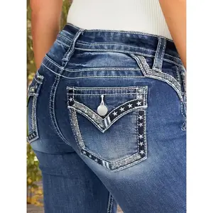 Women'sStretchyStylishEmbroideredFlareLongJeans,CasualFashionPants,BootcutWithPocketDetail