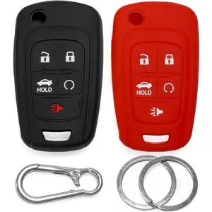Silicone Key Fob Covers Compatible with Chevrolet 2010-18 Equinox Camaro Malibu Cruze, Buick 2014-17 Regal Verano Crosse, GMC Terrain – Car Key Shell Rubber case 5-Buttons, Black+Red