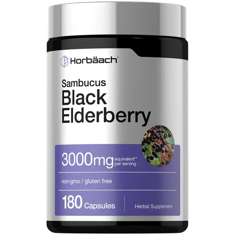 Horbäach Black Elderberry | 3000mg Capsules | 180 Count | Non-GMO, Gluten Free | Sambucus Extract Supplement