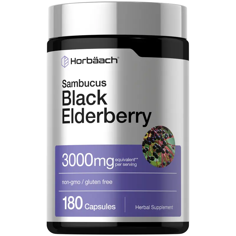Horbäach Black Elderberry | 3000mg Capsules | 180 Count | Non-GMO, Gluten Free | Sambucus Extract Supplement