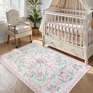 Floral Baby Room Carpet Mat, Floral Rugs, Floral Pattern Rug, Soft Plush Non-Slip Washable Rug, Cute French Country Style for Living Room Bedroom Nursery
