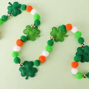 St.Patrick's Day Felt Garland Green Orange Irish 3D Shamrock Pom Ball Banner with Gold Bead Holiday Decorative Hanging Bunting Garland for Home Mantel Fireplace Window Wall Decor