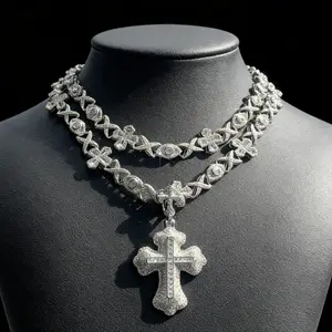 46-51cm Chain Cross Pendant Necklace Moissanite Hip Hop Jewelry Set 925 Sterling Silver / 18K Gold Plated for Men Women Gift Daily Wear Trendy Accessory