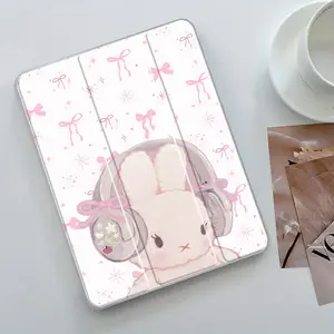 Kawaii Pink Bunny Folding Stand Case for iPad, Transparent Acrylic Hard Back, Pencil Slot & Charger Slot, Scratch-Resistant Slim Protective Cover for iPad 10.2 2019/2020/2021, Mini, Pro, Air Scratch-resistant ultra-thin protective case Tablet Cover