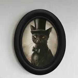 Vintage Style 3D Cat Wall Art, Elegant Top Hat and Bow Design, Oval Wooden Decorative Sign (5.25x4.16), Perfect for Halloween Christmas Thanksgiving