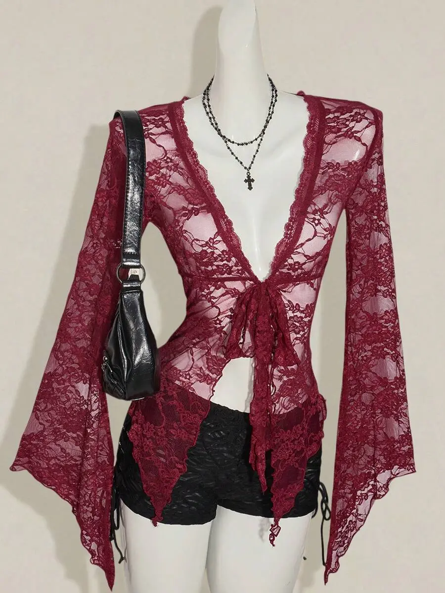 AQUA Y2k Women's Western Country Concert Boho Hippie Goth Sheer Burgundy Sexy Lace Twist Front Long Sleeve Cardigan Night Club Autumn