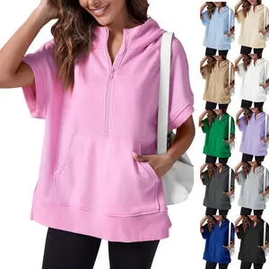 FMEYOA Womens Oversized Half Zip Hoodies Short Sleeve Casual Sweatshirts Pullover Tops with Pockets