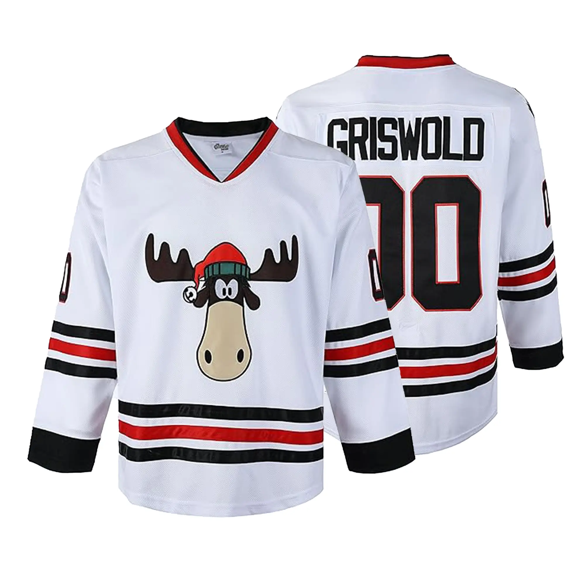 Men's Griswold Christmas Movie Sporty Long-Sleeve Pullover White Hockey Jersey - Embroidered Reindeer Design, Sports Outerwear Uniform, Sporty Sports Outerwear