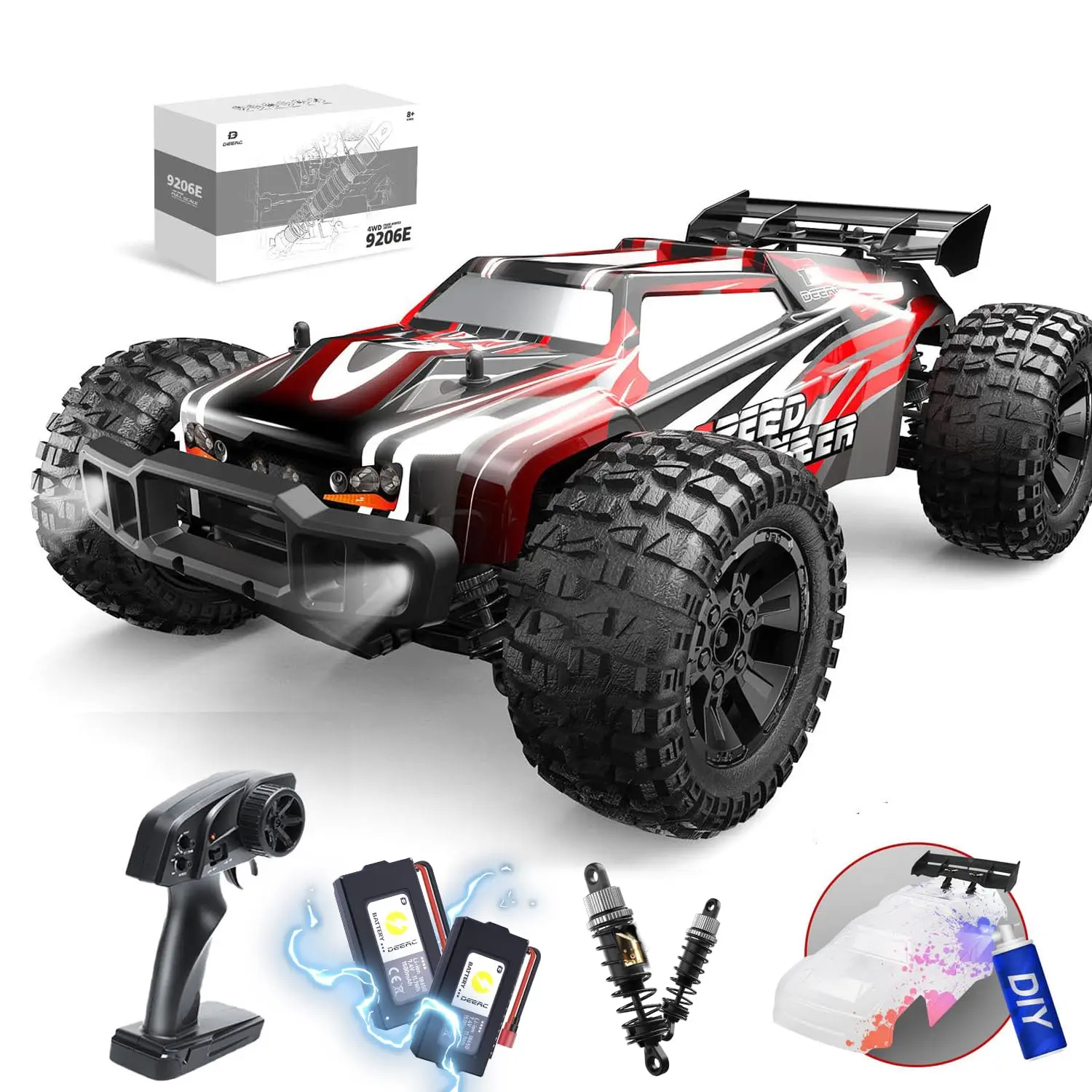 DEERC 9206E DIY Extra Shell 1:10 Scale Large RC Cars,48+ KM/H Hobby Grade High Speed Remote Control Car for Adults Boys,All Terrain 4WD 2.4GHz Off Road Monster RC Truck with 2 Battery for 40+ Min Play