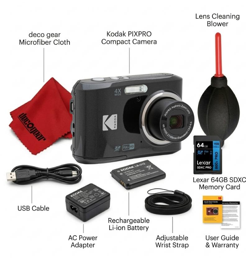 Kodak PIXPRO FZ45 16MP Digital Camera, Black Bundle with Lexar 64GB Memory Card