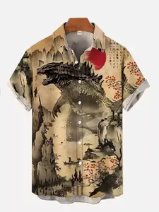 Japanese Classic Movie Godzilla Art Hawaiian Shirt - Casual Button Front Cotton Wool Polyester Blend Four-Way Stretch Comfortable Fit for Beachwear & Everyday Wear