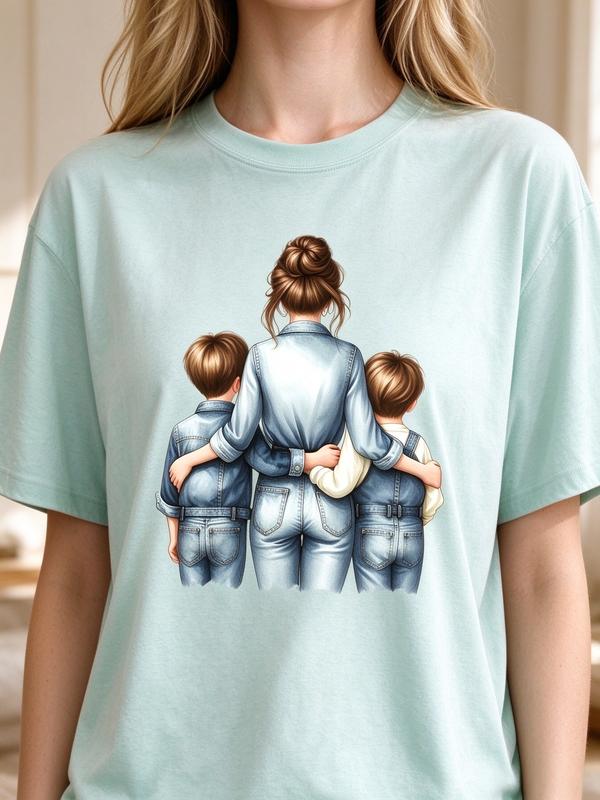 Women's Mama Graphic Tee Mother and Sons Print Casual T-Shirt Mom Life Family Oversized Short Sleeve Top Trendy Aesthetic Streetwear Mommy Outfit Summer