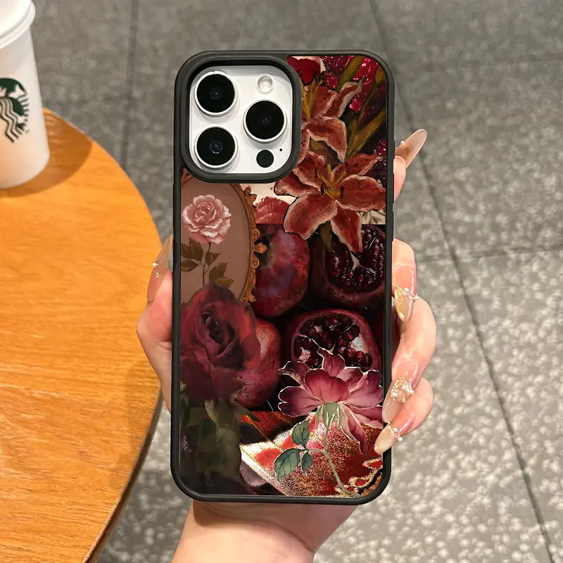 Premium Magnetic MagSafe Case for iPhone 11/12/13/14/15/16/17 Pro Max, Gothic Rose Pomegranate Design, Anti-Fall, Ultra-Thin - Smartphone Cellphone Handheld Devices Accessories for Everyday Use