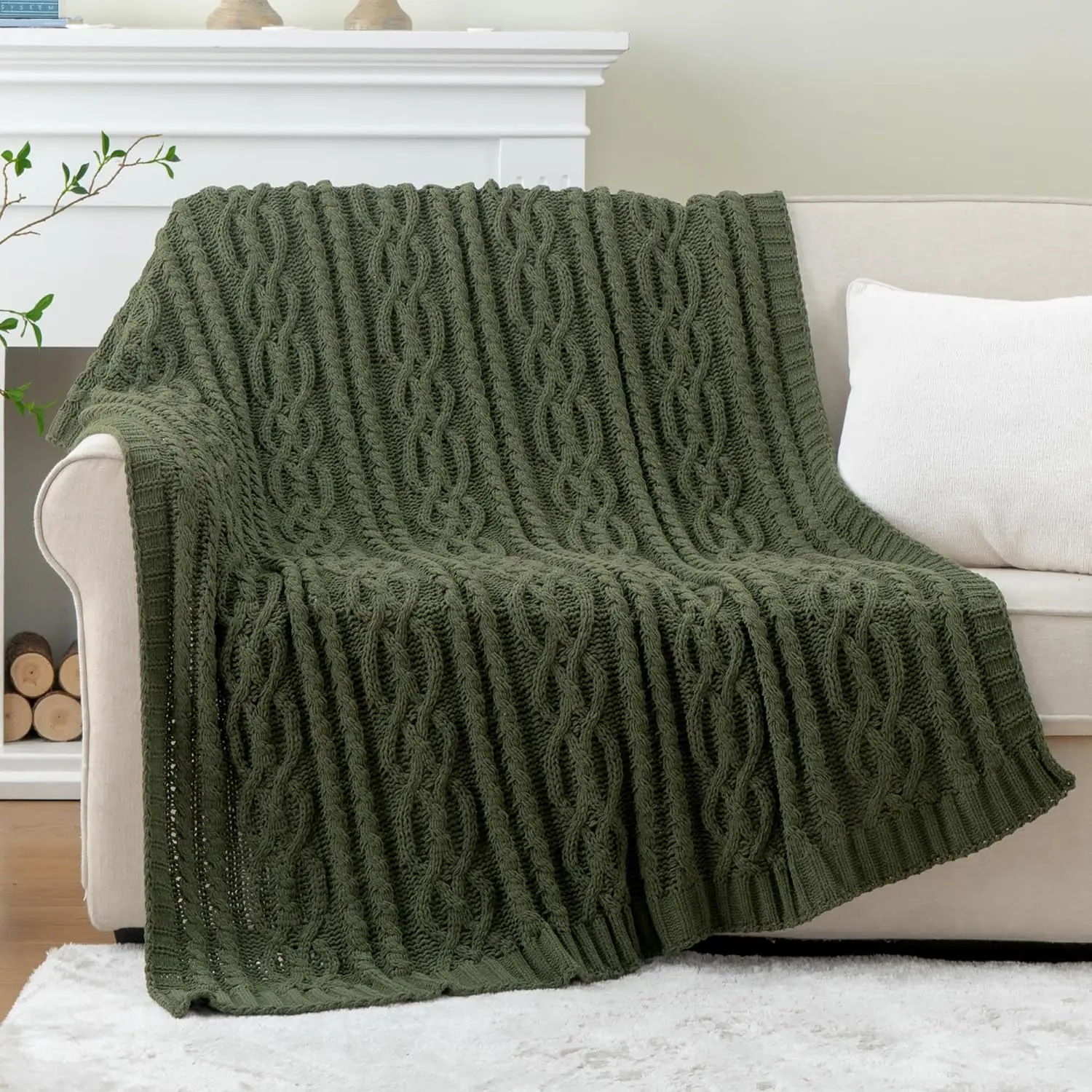 Olive Green Throw Blanket for Couch, Chunky  Knit Blanket, Woven Chenille Throw for Bed,  Decor, Soft Cozy Blanket for Men Boys, 51"x67"