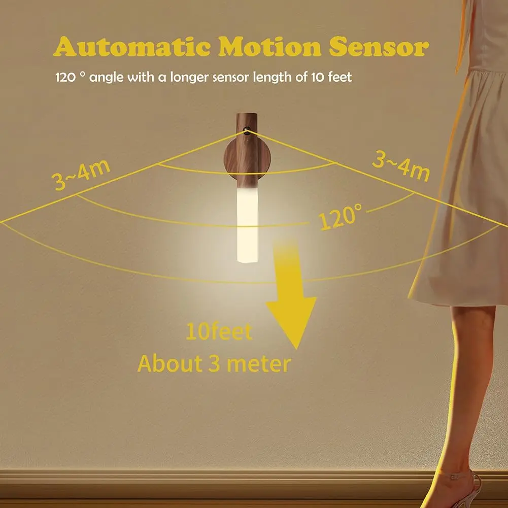 Motion Sensor Night Light 2 Pack - Walnut Wood Rechargeable LED Wall Sconce, Magnetic Stick On Renter Friendly Ambient Lamp for Bedroom Hallway Closet Camping