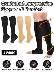 4 Pairs Open Toe Zipper Copper Wellow Compression Socks Women Men 15-20 mmhg Knee High Pregnant Nurses Pregnancy Maternity Medical Cute Sports Gold Fit Cycling Medias de Para Mujer Adult Support Hose Circulation Long Womans
