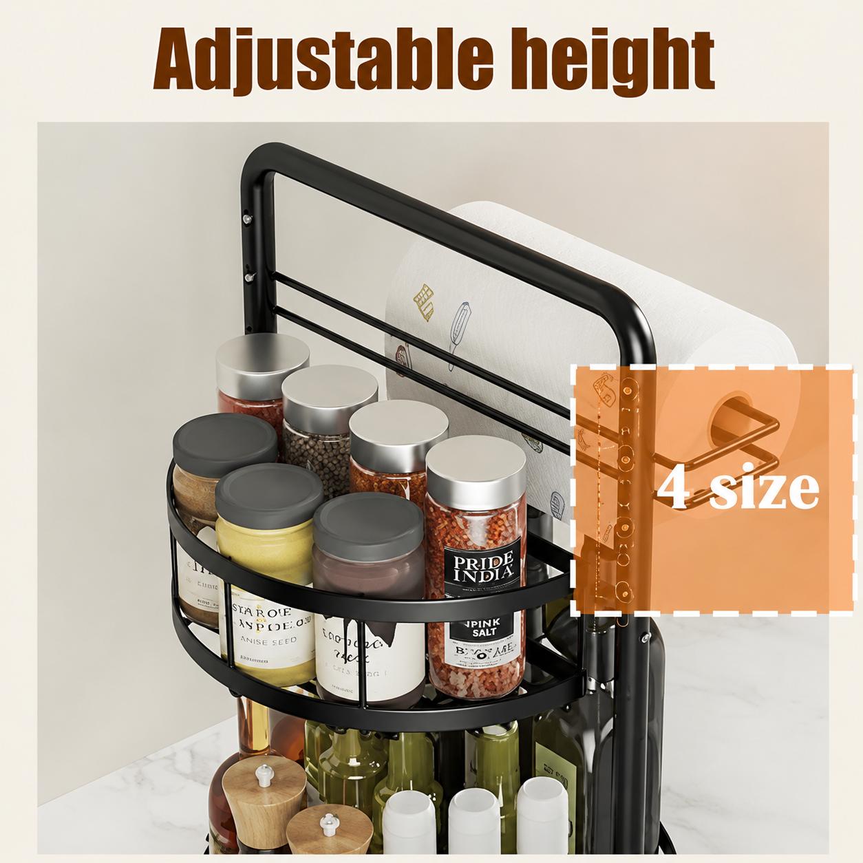 360° Rotating Spice Rack — Double-Tier Turntable Organizer with Industrial Style — Suitable for Kitchen Countertops and Cabinets — Features Integrated Paper Towel Holder — Versatile Kitchen Storage Tray — Black Bottom