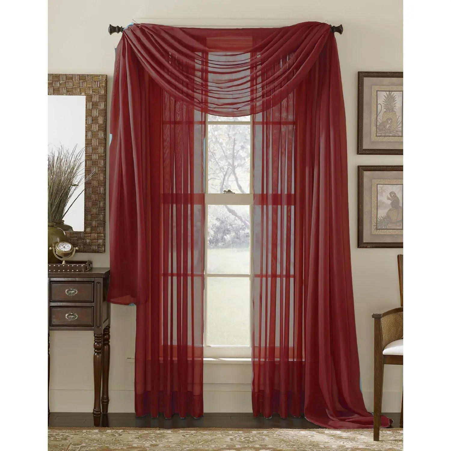 3 count Sheer Panel (2 Pieces 58" x 84") and Scarf Window (1 Pieces 37" x 216") Curtain Combo Set (Burgundy)