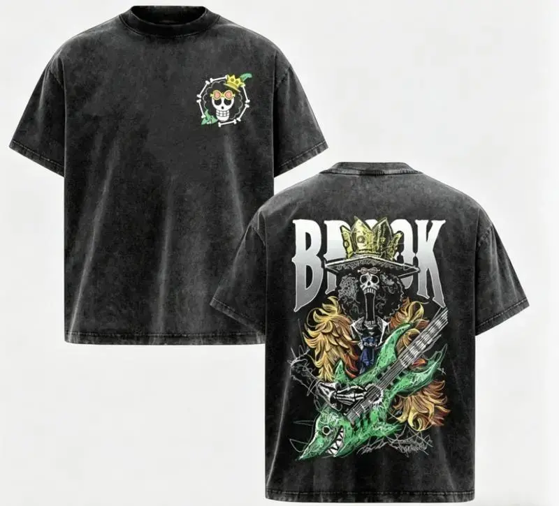 Black Washed One Piece Anime Graphic T Shirt Brook Skull Guitar Print Casual Short Sleeve Crewneck Cotton Tee Mens Streetwear Top for Daily Activities