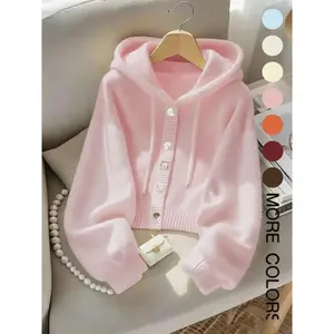 Autumn Winter New Hooded Knit Cardigan, High-End Macaron Color Design, Unique Stylish Single Button Coat, Trendy Women's Knitted Outerwear, Knitwear Fitted Womenswear
