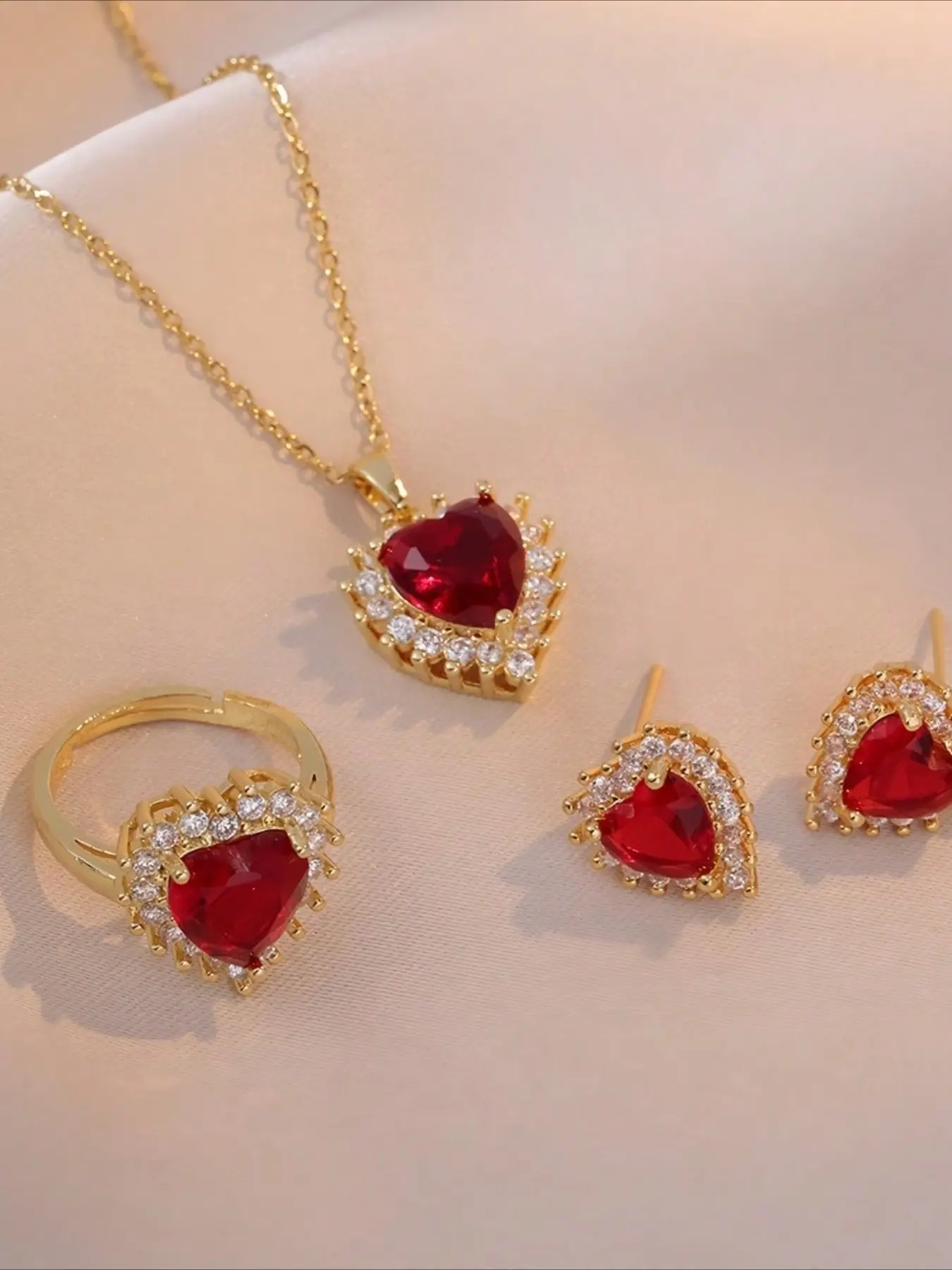 Red Glass Heart Shaped Love Jewelry Set - Earrings, Ring, Pendant, Valentine's Day Gift Valentines Jewelry Set For Women