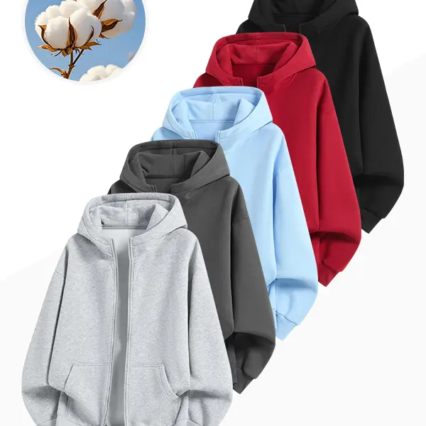 Unisex basic solid-color zip-up hooded sweatshirt/hoodie, breathable, wrinkle-resistant, loose fit outerwear, available in multiple colors
