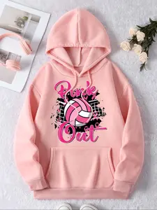 Women's Volleyball & Letter Print Drop Shoulder Hoodie, Fashion Casual Drawstring Pocket Hooded Sweatshirt for Daily Holiday Outdoor Wear, Women Clothing for Fall & Winter