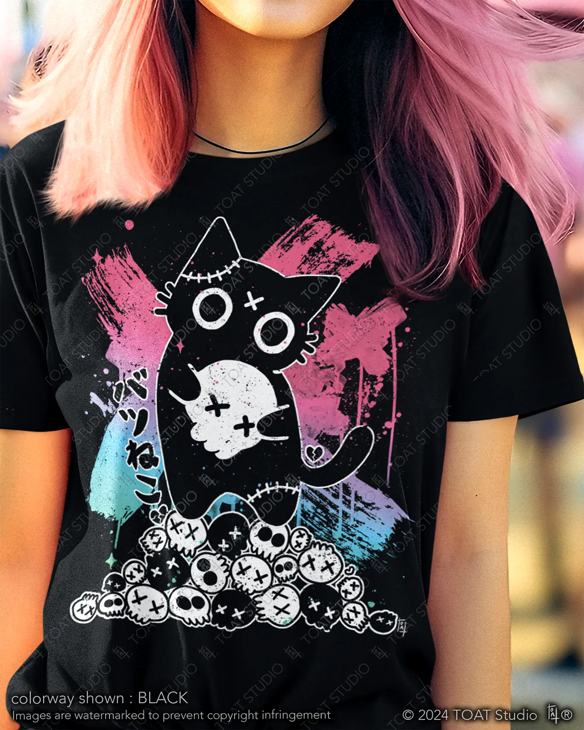 [Made-to-Order] Pastel Goth Batsu Neko Unisex T-Shirt, Yami Kawaii Badtz Neko, Creepy Cute Mischievous Black Cat’s Skull Collection, Pastel Voodoo Cat Doll, Bellas Canvas Soft Lightweight Jersey Fabric