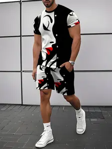 Men's Fashion Trendy Short Sleeve Set, Personalized Printed Casual Sports Athletic Wear Two-Piece Set, Summer Men's Outfit, Athleisure Summer Clothes
