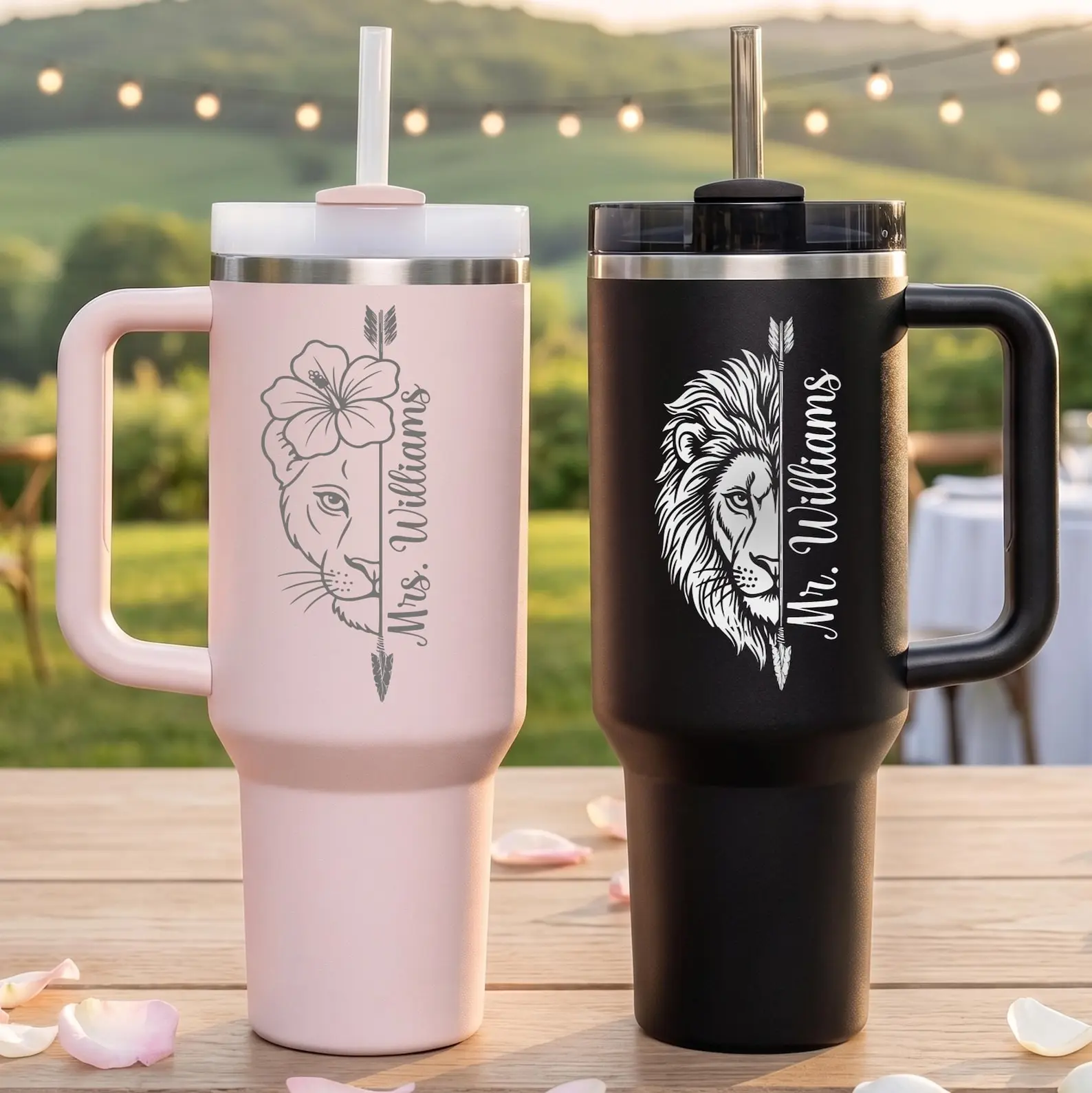 2PCS 40oz Portable Vacuum Insulated Flasks with Handle, Personalized Laser-Engraved Wedding Tumblers with Straw - Custom Content/Photo Gift for Newlyweds, Couples, Husband (Send via Shop Chat)