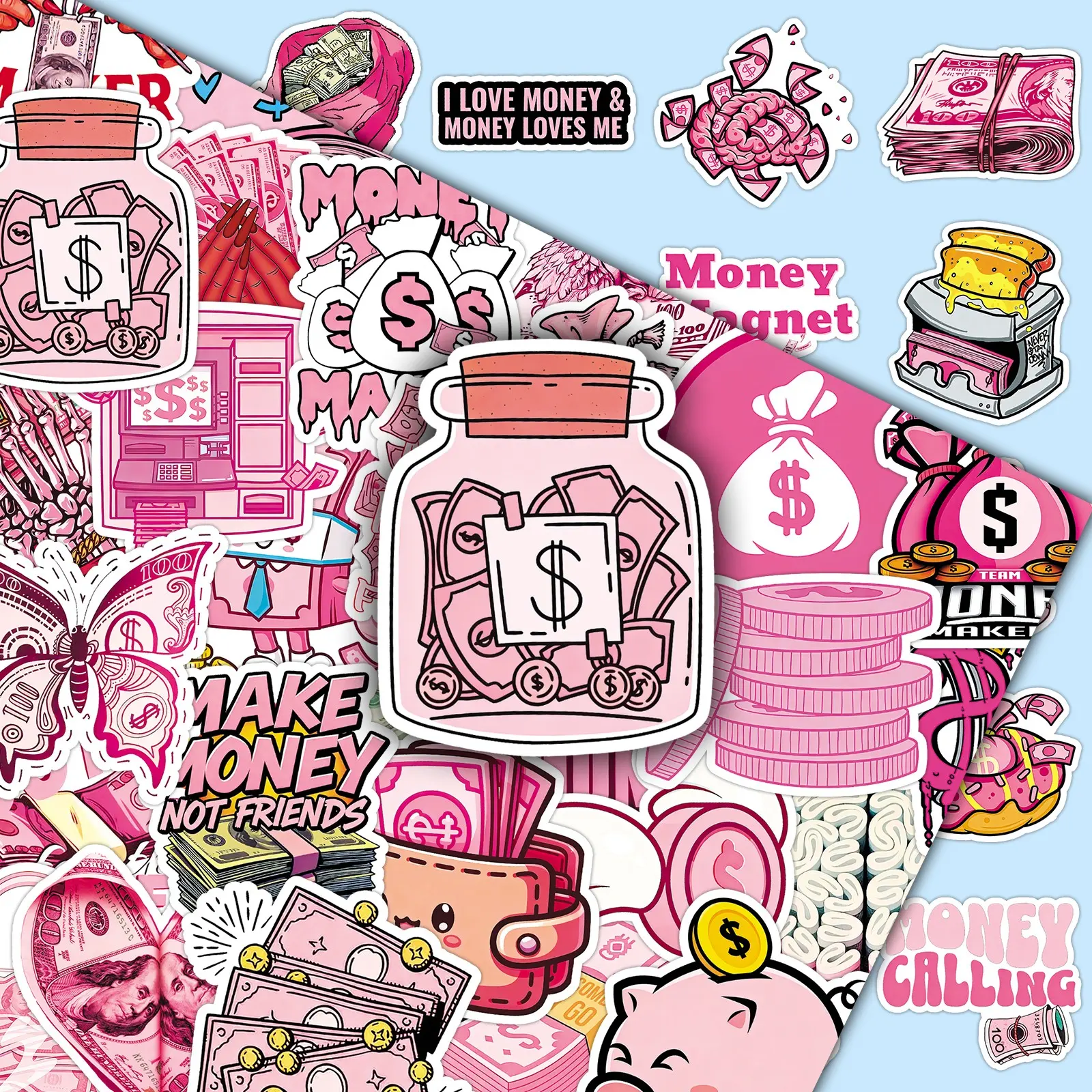 50 Pcs Pink Money Creative Cool Design Stickers for DIY Scrapbook, Phone Case, Cellphone, Smartphone, Luggage Decal, Accessories