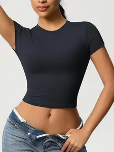 Women's Solid Round Neck Sports Tee, Casual Quick Drying Breathable Short Sleeve T-shirt for Yoga Gym Workout Running, Ladies Sportswear for All Seasons, Gym Tops