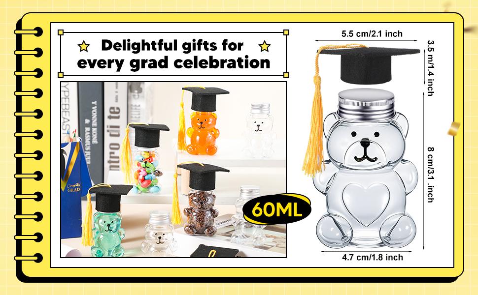 36/48 Pcs Graduation Cap Candy Jars, Graduation Gifts Class of 2026 Plastic Light Bulb Jars with Graduation Cards, Bear Candy Jar with Graduation Cap with Tassel Grad Container Drinking Cups Fillable Drink Graduation Decoration Treat Grad Party Supplies