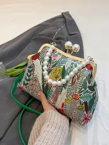 Women's Fashion Floral Crossbody Bag, Pearl Embellished Shoulder Handbag, Versatile Daily Travel Vacation Casual Bag