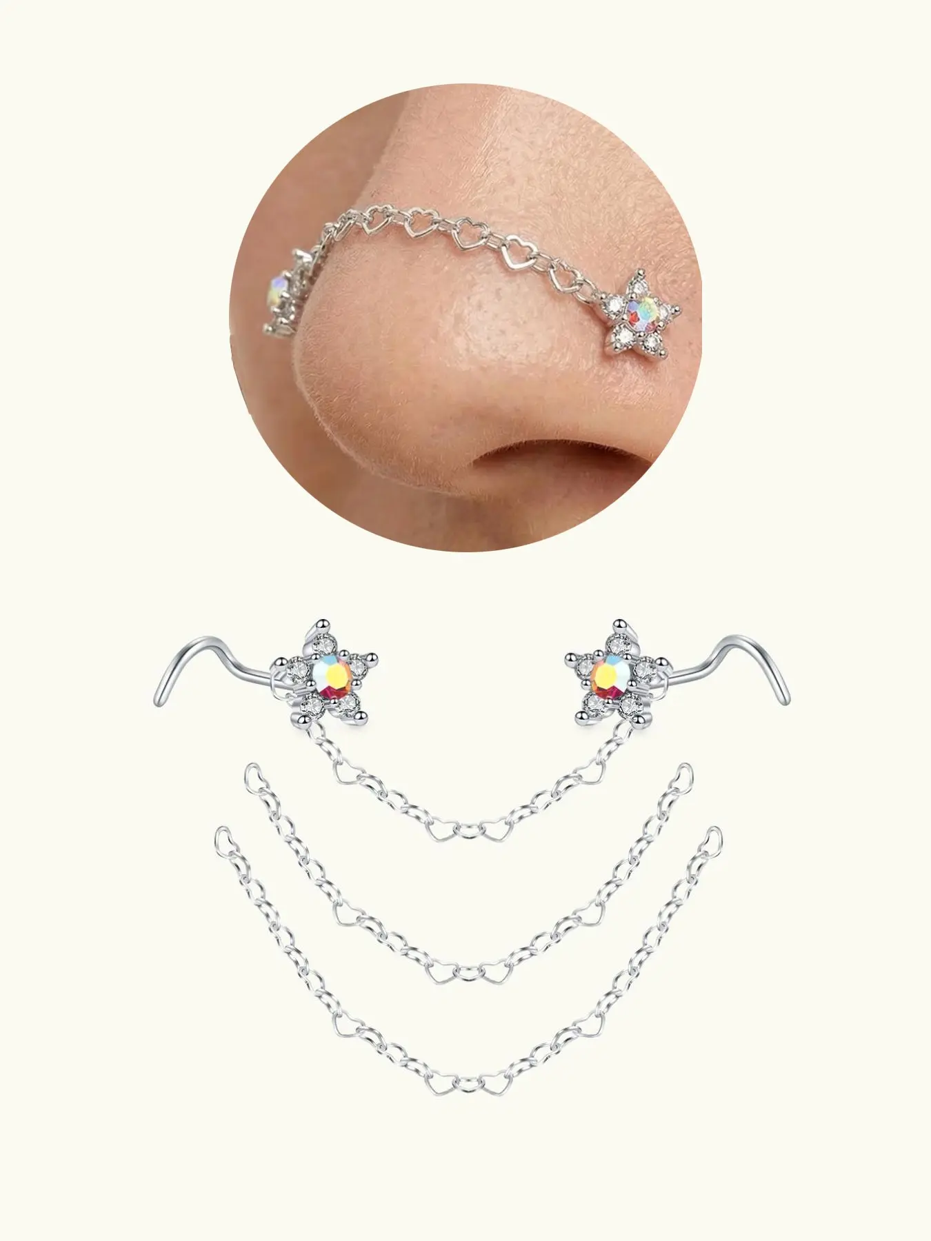 Stainless Steel Cz Nose Chain Piercing, Heart Pattern 20g S Bone Shaped Nose Ring, Corkscrew Nose Piercing Jewelry, Body Piercing Jewelry, Chic Body Jewelry, Imitation Diamond Flower Cz Opal, Nose Ring Chains, Nose Rings Hoops, Body Jewellery