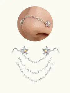 Stainless Steel Cz Nose Chain Piercing, Heart Pattern 20g S Bone Shaped Nose Ring, Corkscrew Nose Piercing Jewelry, Body Piercing Jewelry, Imitation Diamond Flower Cz Opal, Nose Ring Chains