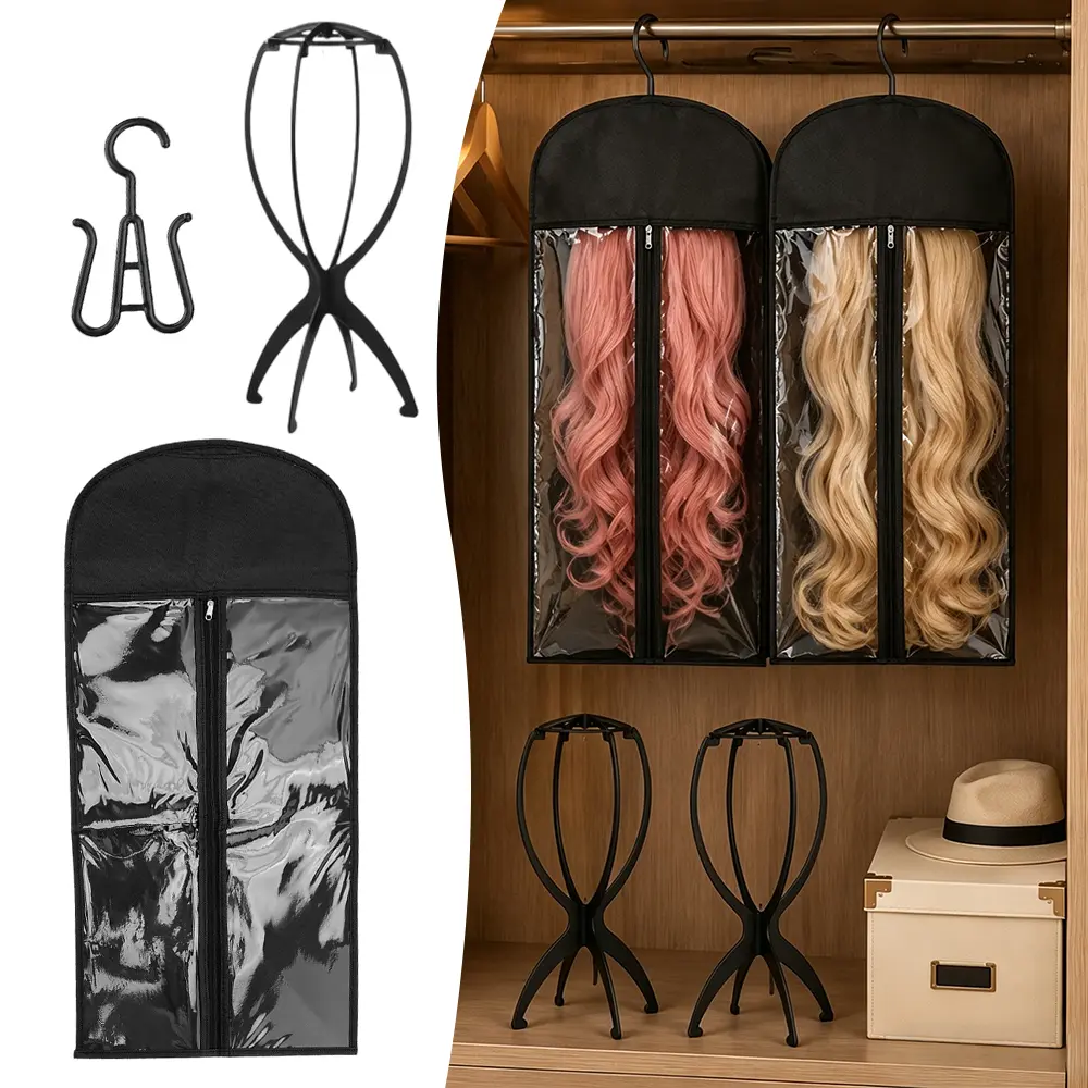 2 set Extra Long Wig Storage Bags Black Hair Extension Storage Wig Head Stand Portable Wig Bag for Hair Extensions, Wigs & Accessories