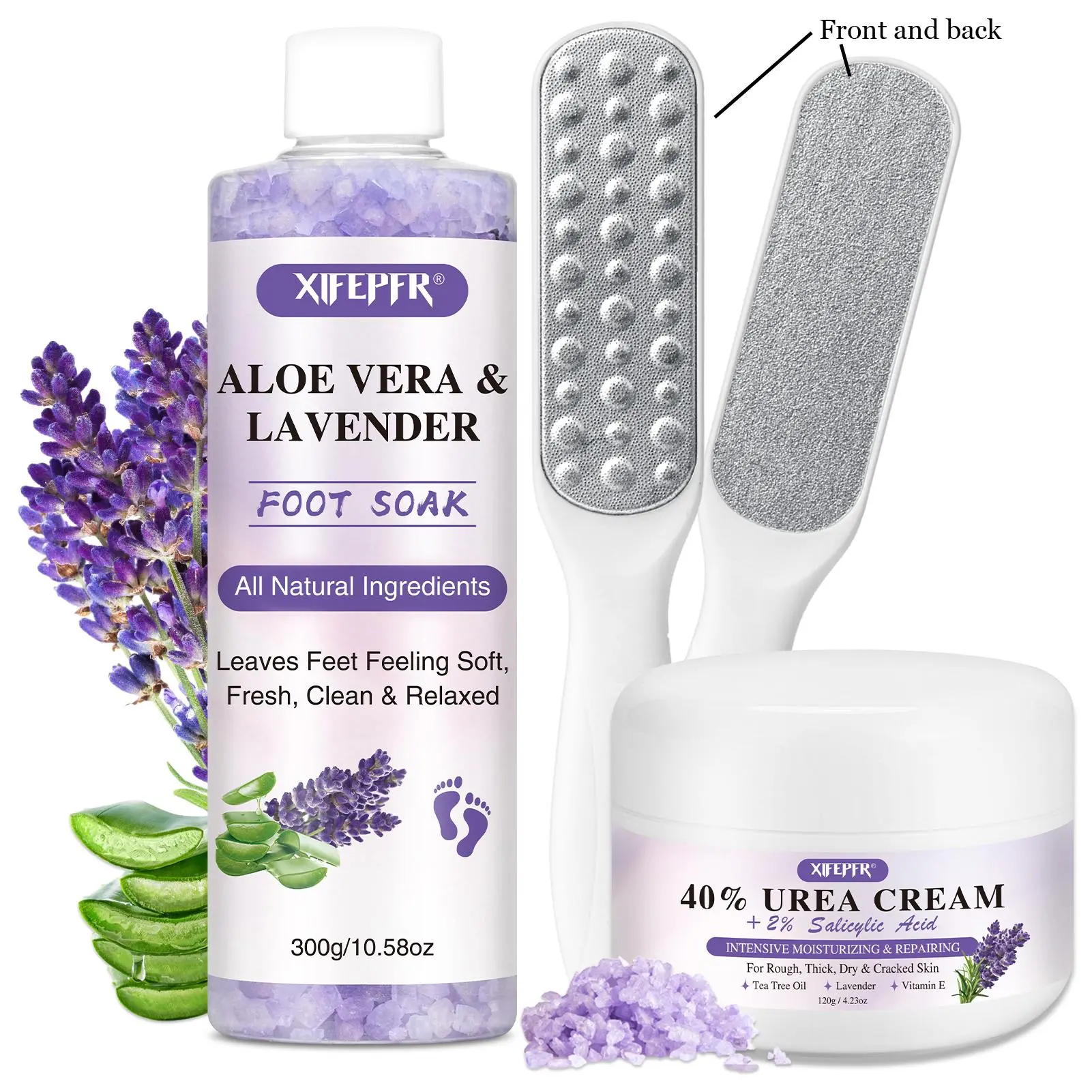 Lavender Intensive Foot Care Set, 3 Counts/set 40% Urea Foot Cream & Foot Soak & Foot File, Foot Care Product for Women & Men Daily Use