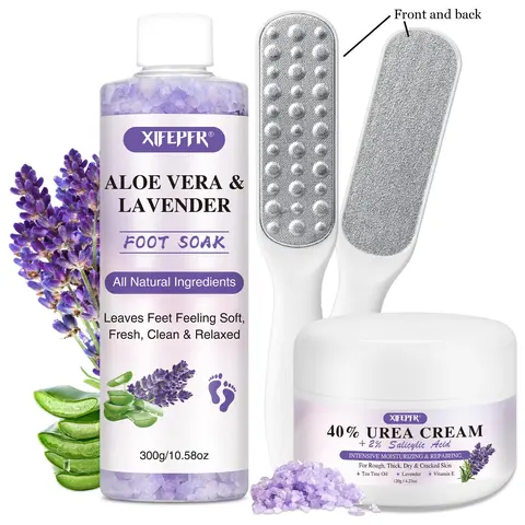 Lavender Intensive Foot Care Set, Cracked Foot Repair, 3 Counts/set 40% Urea & Foot Soak & Foot File, Foot Care Product for Women & Men Daily Use