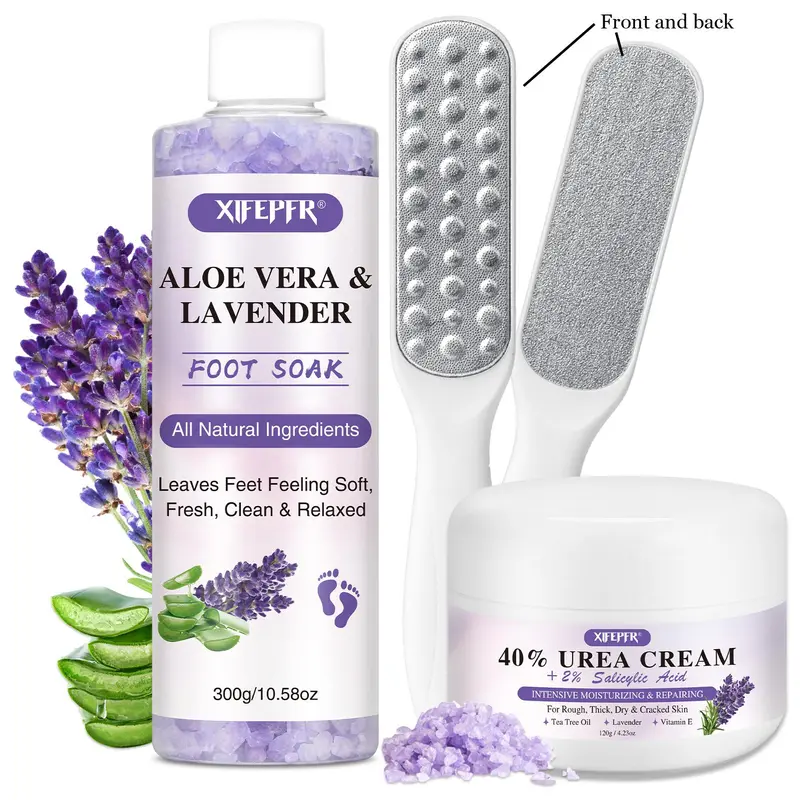 Lavender Intensive Foot Care Set, Cracked Foot Repair, 3 Counts/set 40% Urea & Foot Soak & Foot File, Foot Care Product for Women & Men Daily Use