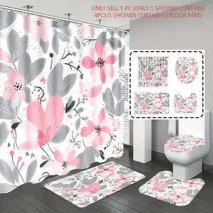[Popular Choice] 1pc/4pcs, bathroom curtains shower, shower curtain set, bathroom decor, bathroom rug, home decor, bathroom mat, pink floral pattern, cute theme decoration, bathroom set, with 12 hooks.