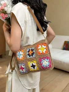 French Grandma Checkerboard Straw Bag, Colorblock Knit Single Shoulder Crossbody, Colorblock Pattern Bag, Casual Crossbody Bag, Beach Vacation Style, Lightweight Summer Handbag for Women
