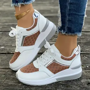 2026 Women's White Wedge Sneakers With Black Geometric Print Height Increasing Lace Up Low Top Casual Shoes Synthetic Upper PU Sole Fabric Lining Autumn Fashion Ladies Sneakers Gentlemen Jogging Athletic Walking Training