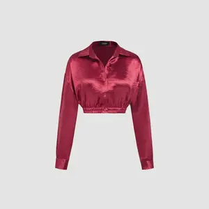 Cider [size 2-26] Satin Polo Solid Button Long Sleeve Crop Blouse