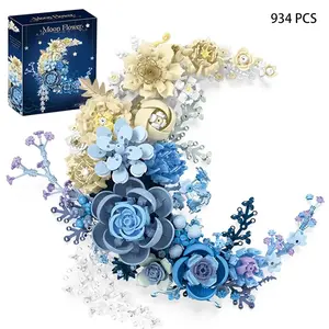 934PCS Blue Moon Flower Building Block Set, Floral Plant Collection Series, Crescent-Shaped Artificial Flower Building Kit, Compatible with Lego, for Ages 6+, Home Decoration Wall Art Decor