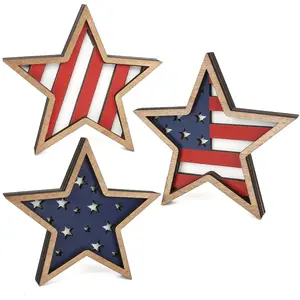 4th of July Decorations Wooden Stars, Patriotic Memorial Day Star Tiered Tray, Set of 3, Blue for Home Office Table Shelf